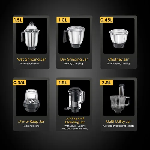 Prestige 1000 Watts Endura Pro Mixer Grinder with 6 Jars and Food Processor Attachments| Sturdy Stainless Steel Body| Ball Bearing Pure Copper Motor| See-Through Lids| Black and Silver